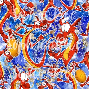 以下が含まれることがあります： 青い金色のグリッターの背景に、金色のアクセントがついた赤い漫画のドラゴンが描かれたシームレスなパターン。ドラゴンはゴングを叩き、棒を持っています。