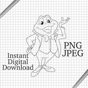 May include: A black and white line drawing of a frog wearing a suit and bow tie. The frog is smiling and has its right arm raised. The text "PNG JPEG" is in the upper right corner of the image. The text "Instant Digital Download" is in the lower left corner of the image.