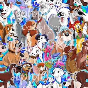 Può includere: Un'illustrazione colorata con una varietà di cani di cartoni animati, tra cui dalmata, un terrier, un chihuahua e un carlino. Tutti i cani sorridono e sembrano felici. Lo sfondo è un motivo blu e bianco.