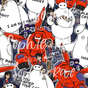 May include: A colorful digital illustration featuring characters from the animated film Big Hero 6. The illustration includes Baymax, Hiro Hamada, and other characters from the film. The characters are depicted in various poses and expressions, with a background of stars and space.