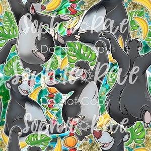 May include: A seamless pattern featuring cartoon black bears holding bananas and fruit skewers. The background is a colorful abstract design with gold glitter and green leaves.