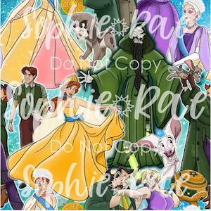 以下が含まれることがあります： 様々なアニメ映画のキャラクターが描かれたカラフルなイラスト。黄色いドレスを着た女性、緑色のマントを着た男性、犬、白いウサギなどが描かれている。イラストは星が散りばめられた青い背景に描かれている。