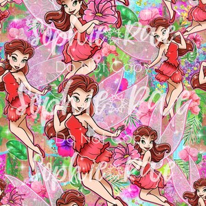 May include: A seamless pattern featuring a red-haired fairy with pink wings and a red dress. The fairy is surrounded by pink flowers and green leaves. The background is a pink and green watercolour wash.
