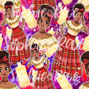 May include: A seamless pattern featuring a cartoon illustration of a young girl wearing a red and yellow traditional dress. The girl has dark brown skin, black hair, and brown eyes. The background is a vibrant purple and pink with gold glitter.