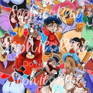 Peut inclure: Une illustration colorée représentant un groupe de souris de dessin animé. Les souris sont habillées de différentes tenues, dont un manteau rouge, un costume de marin bleu et blanc et une robe verte. L'illustration est sur un fond d'étoiles rouges, blanches et bleues.