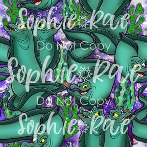 May include: Seamless pattern featuring a repeating design of green eels with toothy grins against a purple background with white bubbles and green seaweed.