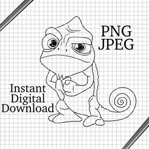 May include: A black and white line drawing of a cartoon chameleon with a grumpy expression. The chameleon is standing on its hind legs with its arms crossed. It has a curled tail.