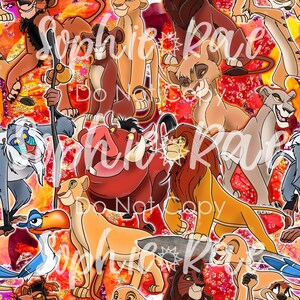 May include: A colorful seamless pattern featuring various characters from the animated film The Lion King. The characters include Simba, Nala, Mufasa, Scar, Pumbaa, Timon, and Zazu. The background is a vibrant orange and yellow with glitter accents.