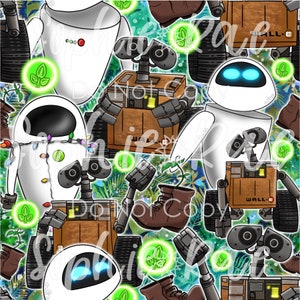 May include: A colourful, repeating pattern featuring WALL-E and EVE robots from the Disney Pixar film WALL-E. The robots are surrounded by green leaves, brown boots, and glowing green orbs.