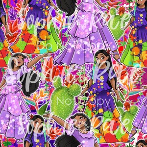 May include: A seamless pattern featuring a purple and green cactus, colorful flowers, and a woman in a purple dress with a floral pattern. The background is a vibrant mix of colors, including pink, orange, yellow, and green.