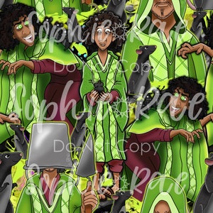 May include: A green and black patterned fabric with a repeating image of a man in a green robe holding a black rat. The man has a surprised expression on his face. The fabric also features a bucket with a face on it and a shovel.