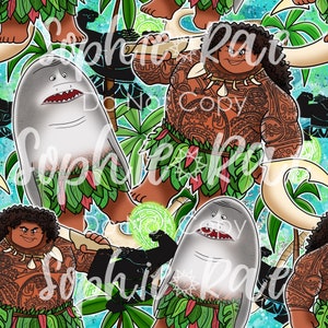 May include: A seamless pattern featuring a cartoon Polynesian man with a tattoo, a shark, and tropical plants. The background is a blue and green watercolour effect.