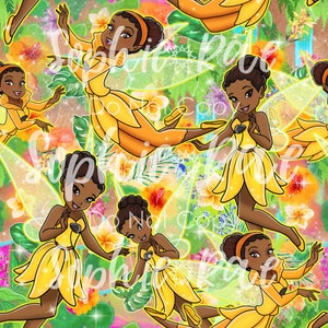 May include: A seamless pattern featuring a repeated design of a Black fairy with yellow wings and a yellow dress. The fairy is flying in a tropical setting with green leaves, flowers, and a sparkly background.