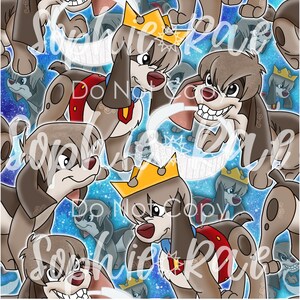 以下が含まれることがあります： 王冠と赤と青の首輪をつけた茶色と白の犬の漫画のイラストが描かれたシームレスなパターン。犬はそれぞれ表情が異なり、笑顔のものもいれば、しかめっ面のものもいる。背景は青と白の星柄です。