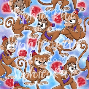 May include: A seamless pattern featuring cartoon monkeys wearing purple and red hats. The monkeys are brown and have red jewels scattered around them. The background is a light blue with a galaxy-like pattern.