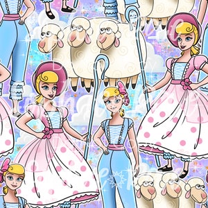 May include: A seamless pattern featuring cartoon characters from the Toy Story film. The pattern includes a blue-clad character holding a shepherd's crook, a pink-clad character with a flower in her hair, and three white sheep. The background is a sparkly purple and blue.