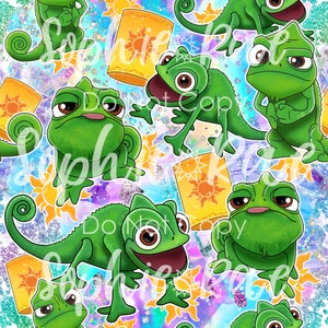 Peut inclure: Un motif sans couture représentant un caméléon vert avec une expression surprise, une lanterne jaune avec un motif de soleil et un fond scintillant dans les tons bleus, violets et roses.