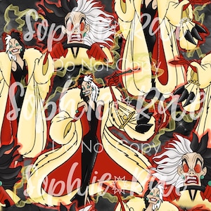 May include: A seamless pattern featuring the character Cruella De Vil from the Disney movie 101 Dalmatians. The pattern is a collage of different images of Cruella in various poses, including driving a car, wearing a fur coat, and looking menacing. The background is a black and white marble pattern with red and yellow accents.