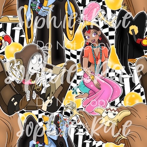 May include: A seamless pattern featuring a variety of cartoon characters, including a woman in a pink and blue outfit, a man with a brown hat and a long coat, and a blue creature with a long nose. The characters are set against a black and white checkered background.