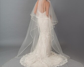 Satin Ribbon Double Tier Bridal Veil Timeless Elegance with a Classic Twist