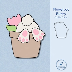 May include: A cookie cutter in the shape of a bunny in a flowerpot. The bunny's white tail and pink-padded feet are visible above the pot. A pink flower and green leaves peek out from the pot. The text "Flowerpot Bunny Cookie Cutter" is on the right.