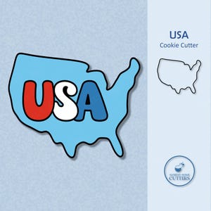 May include: A blue cookie cutter shaped like the United States of America with the word "USA" in red, white, and blue letters inside the outline. The cookie cutter is for making cookies.