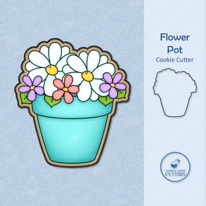 May include: A cookie cutter in the shape of a flower pot filled with daisies and other flowers. The pot is light blue with a brown outline. The flowers are white, pink, and purple with green leaves. The text "Flower Pot Cookie Cutter" is on the right.