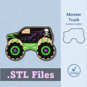May include: A wooden monster truck cookie cutter with black tires, green and purple accents, and a skull and crossbones design. The text ".STL Files" is displayed at the bottom. The image also includes the text "Monster Truck Cookie Cutter".