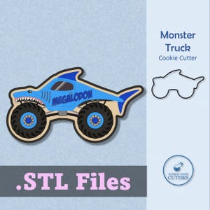 Puede incluir: Un cortador de galletas de camión monstruo azul con un diseño de aleta de tiburón, etiquetado como "MEGALODON". El camión tiene neumáticos negros grandes con detalles en azul. El texto ".STL Files" está en la parte inferior, con un logotipo y las palabras "Monster Truck Cookie Cutter" a la derecha.