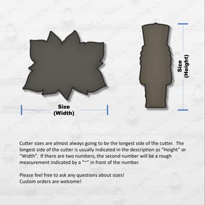 May include: Two dark gray cookie cutters: a poinsettia and a nutcracker soldier. The poinsettia cutter is labeled "Size (Width)" and the nutcracker cutter is labeled "Size (Height)". Text on the image explains cutter size measurements.