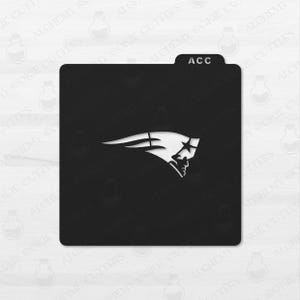 May include: Black square cookie cutter with the New England Patriots logo cut out in white. The tab at the top reads "ACC" in white. The logo features a profile of a man with a star and a white feather.