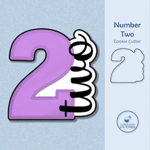 May include: A purple number two cookie cutter with a black outline and a black script design. The text "Number Two Cookie Cutter" is displayed on a light blue background. A logo is also present.