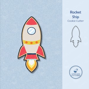 May include: A red, white, and yellow rocket ship cookie cutter. The cutter is shown with a cookie in the shape of a rocket ship. The text "Rocket Ship Cookie Cutter" is also shown.