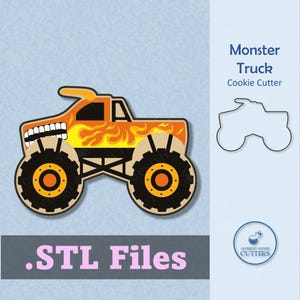Puede incluir: Un cortador de galletas con forma de monster truck con llamas naranjas y amarillas, neumáticos negros y una sonrisa blanca y dentada. El texto ".STL Files" se muestra en rosa. La imagen también incluye un dibujo lineal del cortador de galletas y las palabras "Monster Truck Cookie Cutter".