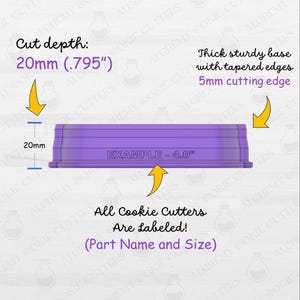 May include: A purple cookie cutter with a thick, sturdy base and tapered edges. The cutting edge is 5mm. The cut depth is 20mm (.795"). The example size is 4.0". The text says "All Cookie Cutters Are Labeled! (Part Name and Size)".
