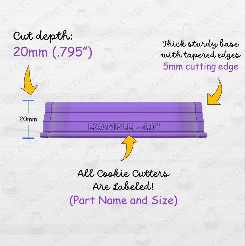 May include: A purple cookie cutter with a thick, sturdy base and tapered edges. The cutting edge is 5mm. The cut depth is 20mm (.795"). The example size is 4.0". The text says "All Cookie Cutters Are Labeled! (Part Name and Size)".