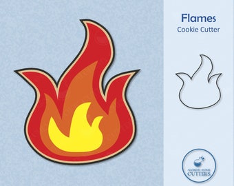 May include: A red, orange, and yellow cookie cutter shaped like a flame. The cookie cutter is outlined in brown. The text "Flames Cookie Cutter" is in the top right corner of the image.