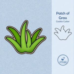 May include: A green patch of grass cookie cutter. The cutter is shaped like a cluster of blades of grass. The image also includes the text "Patch of Grass Cookie Cutter".