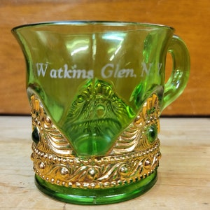 Antique EAPG Souvenir Mug - Watkins Glen N.Y - Emerald Green, Jewel Medallion