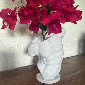 Puede incluir: Un jarrón blanco con forma de torso esculpido que contiene vibrantes flores de buganvillas rojas. El jarrón tiene una musculatura detallada y se asienta sobre una base redonda. Las flores tienen tallos de color verde oscuro y pétalos de color rojo brillante.