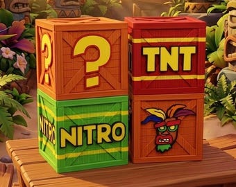 Caisse décorative TNT, NITRO et Aku Aku inspirée d'un célèbre jeu de plateforme des années 90 – Objet décoratif