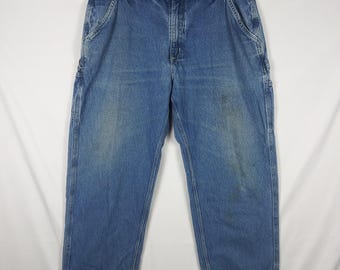 Carhartt Cargo Jeans Baggy Wide Leg Blue Denim Dungaree Fit Men's 38x30 Y2K Vtg