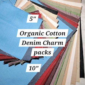 May include: A stack of 5-inch by 10-inch organic cotton denim fabric squares in various colours, including blue, red, green, brown, and beige. The fabric squares are labelled "Organic Cotton Denim Charm packs".