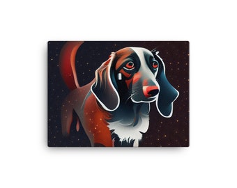 May include: A digital illustration of a brown and black dog with white markings. The dog is standing on a dark background with a starry pattern. The dog has a sad expression on its face.