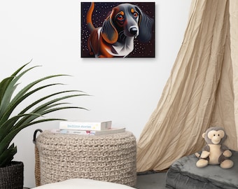 May include: A digital painting of a dachshund with black, brown, and white fur. The dog is looking to the left with a sad expression. The background is a dark blue with white stars.