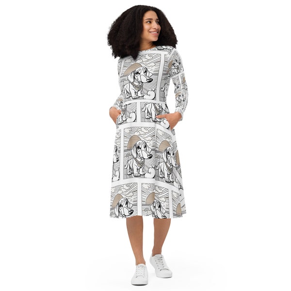 Dachshund Chic All-Over Print Midi Kleid: Ein seltenes und einzigartiges Sommerfavorit für Beachy Vibes