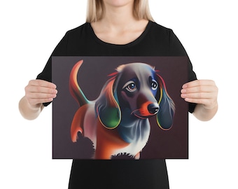 May include: A colorful illustration of a dachshund with a black, white, and orange body. The dog has large, floppy ears with green, blue, and yellow accents. The background is a dark gray.