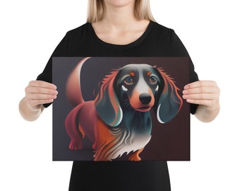 May include: A digital illustration of a dachshund dog with black, brown, and white fur. The dog is looking at the viewer with a curious expression. The background is a dark brown color.