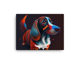 May include: A colorful abstract illustration of a dachshund dog with blue, red, and orange accents against a dark background.