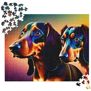 May include: A colourful, abstract painting of two dachshund dogs with their heads turned towards each other. The dogs are painted in shades of black, brown, and blue, with a vibrant, almost psychedelic background.